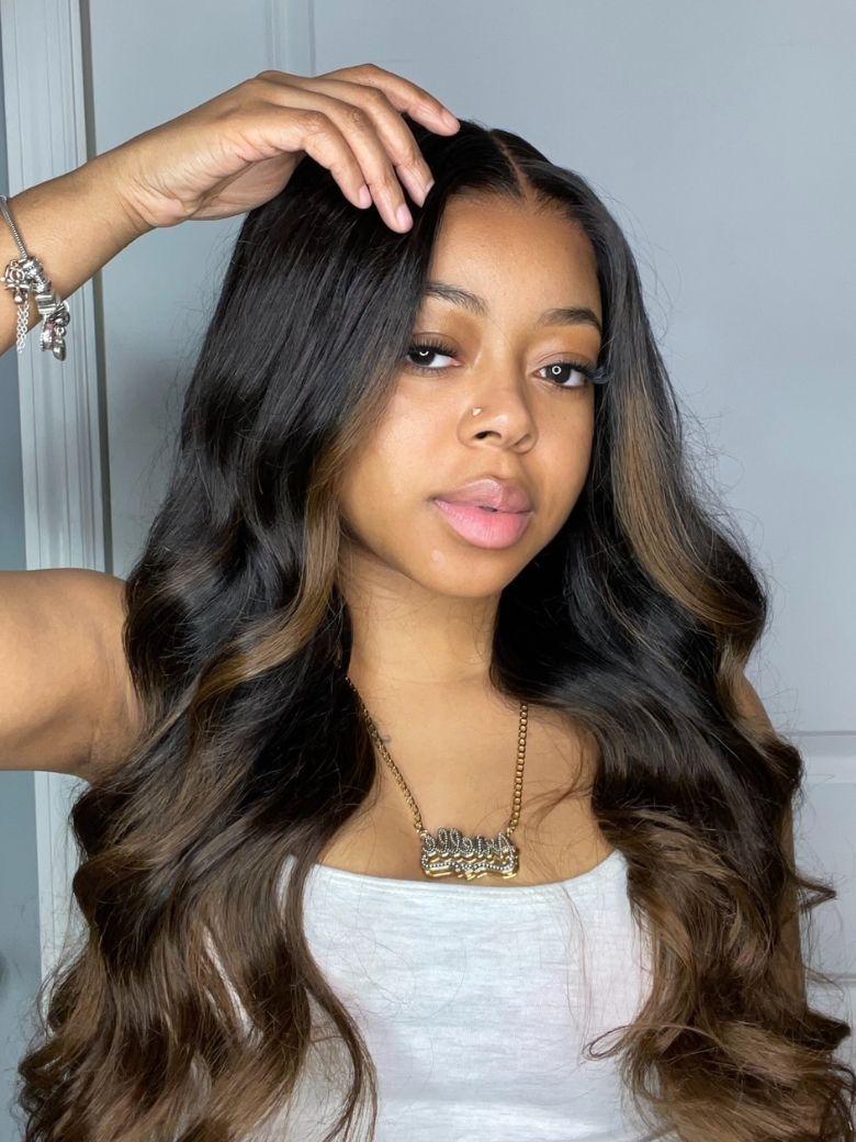 A model displays the UNice Chestnut Brown Ombre Body Wave 1 Piece Human Hair Bundle, showing a model with long hair wearing a white tank top and body wave texture.