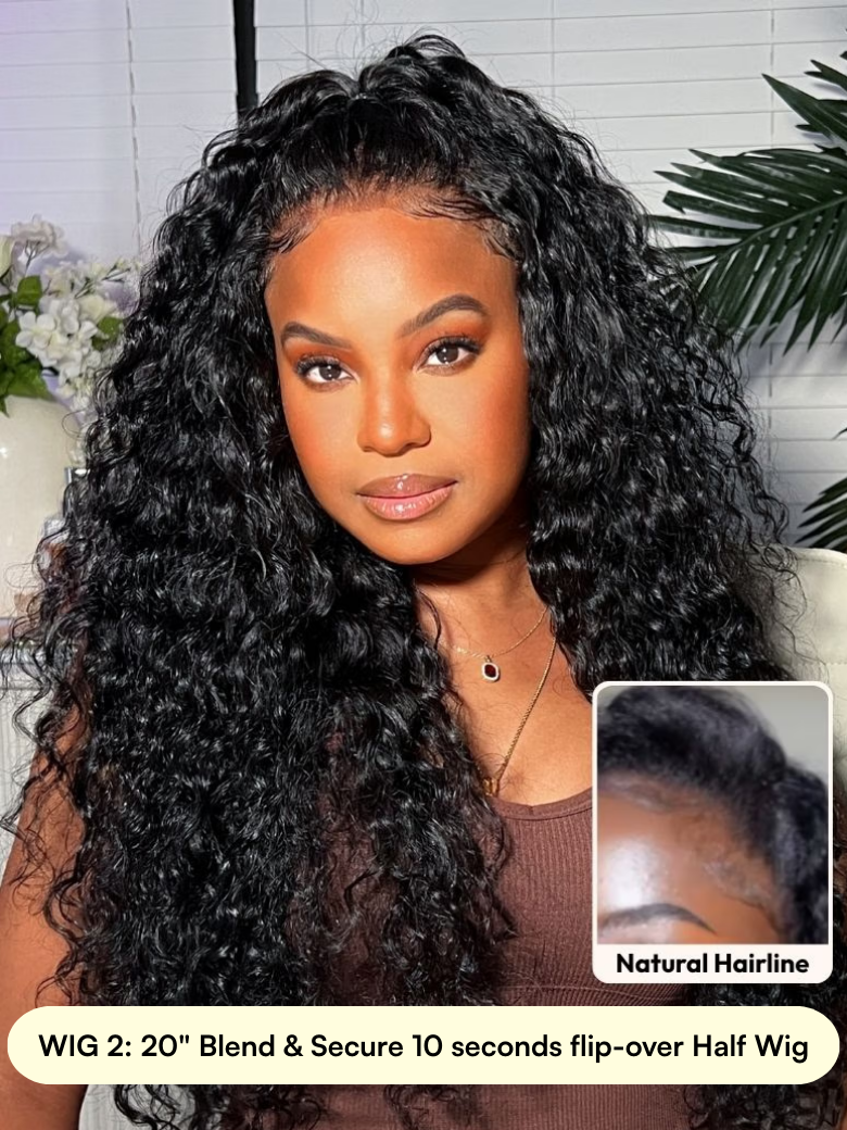 A model displays the UNice All $69: Bye Bye Knots Or Half Wig, showing a model with long curly hair and a brown shirt.
