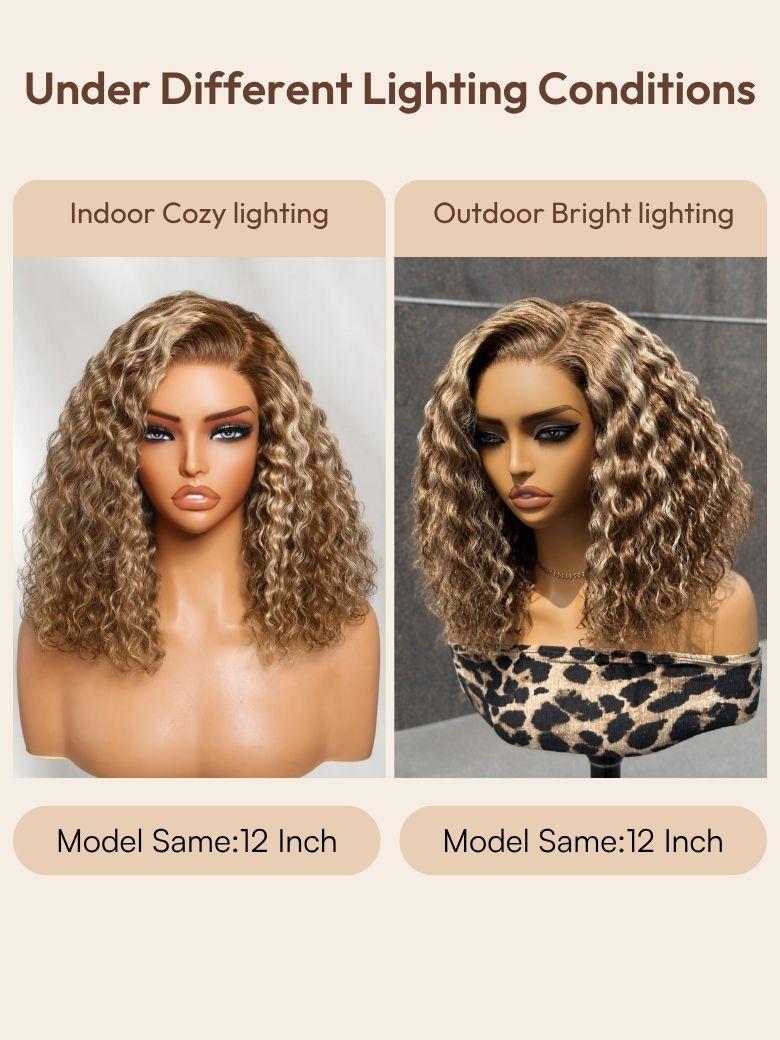 A model displays the UNice 7x5 Bye Bye Slip Glueless Invisible Drawstring Honey Blonde Highlights wig, showing a full wig with a long curly hairline and a full wig.