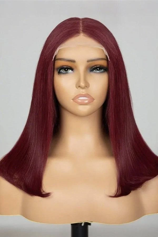 Double Drawn 4x4 Lace Closure Wig Pre Plucked Human Hair 99j Burgundy Color 180% Density
