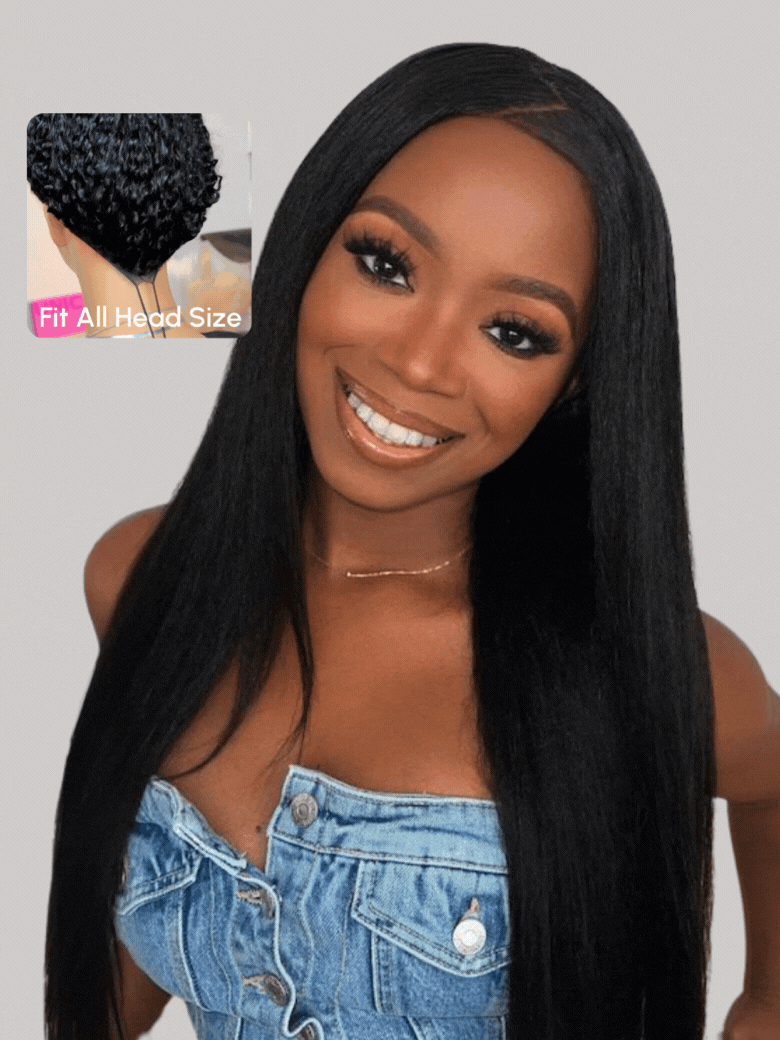 A model displays the UNice EasiContour V Part Glueless Yaki Wig 150% Density, showing a woman wearing a long black wig and yaki texture, glueless wear.