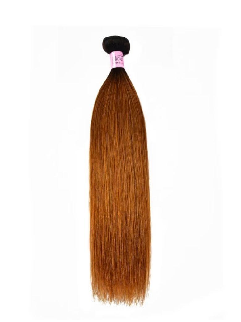 The UNice Soft #TB30 Body Wave & Straight Human Hair Weaves Human Hair 1 Bundle Ombre Color product image shows a brown hair extension with a pink hair clip and body.