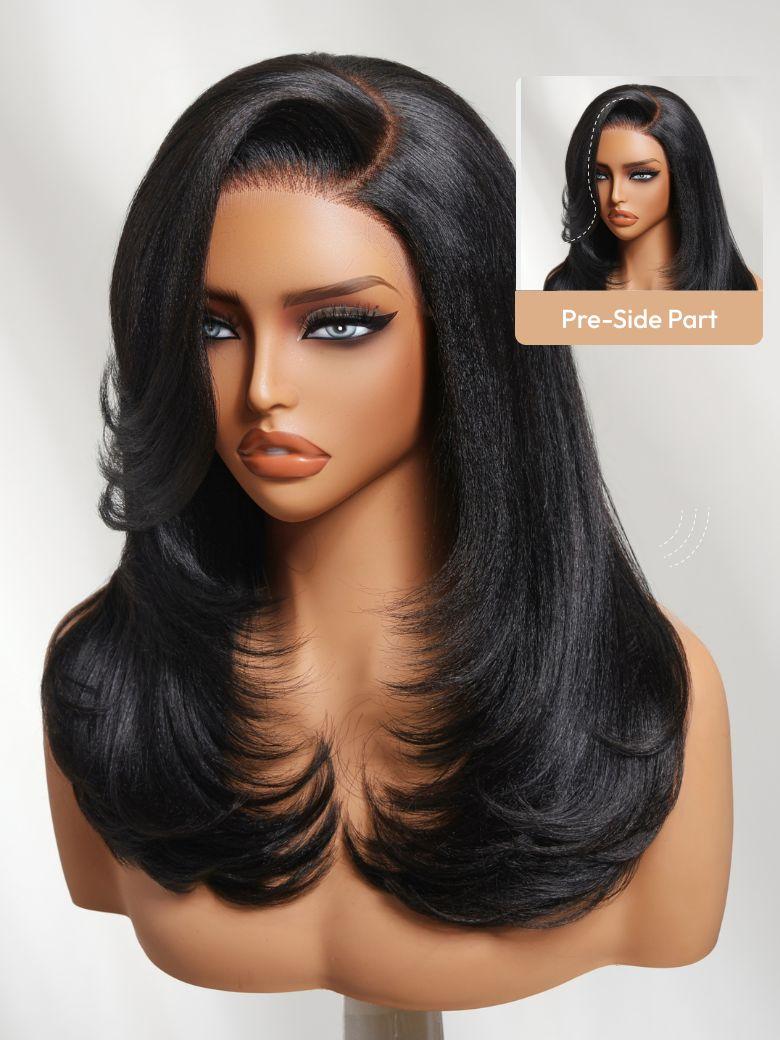 The UNice Bye Bye Knots 7x5 Lace Pre Side-Part Yaki Straight Wig with Blowout Feathered visual image position 5 shows a wig with long hair and bangs | straight texture.