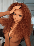 A model displays the UNice 13x4 Lace Frontal Auburn Brown Hair Color Jerry Curly Lace wig With Baby Hair, showing a model with long red hair and jerry curl texture.