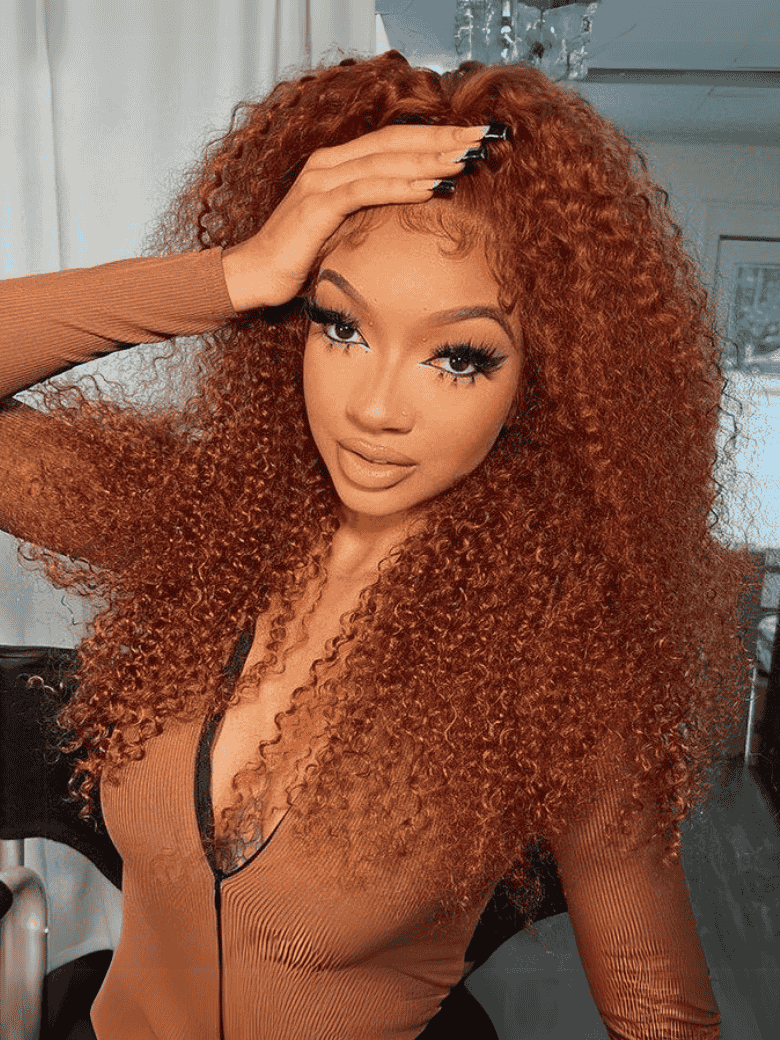 A model displays the UNice 13x4 Lace Frontal Auburn Brown Hair Color Jerry Curly Lace wig With Baby Hair, showing a model with long red hair and jerry curl texture.