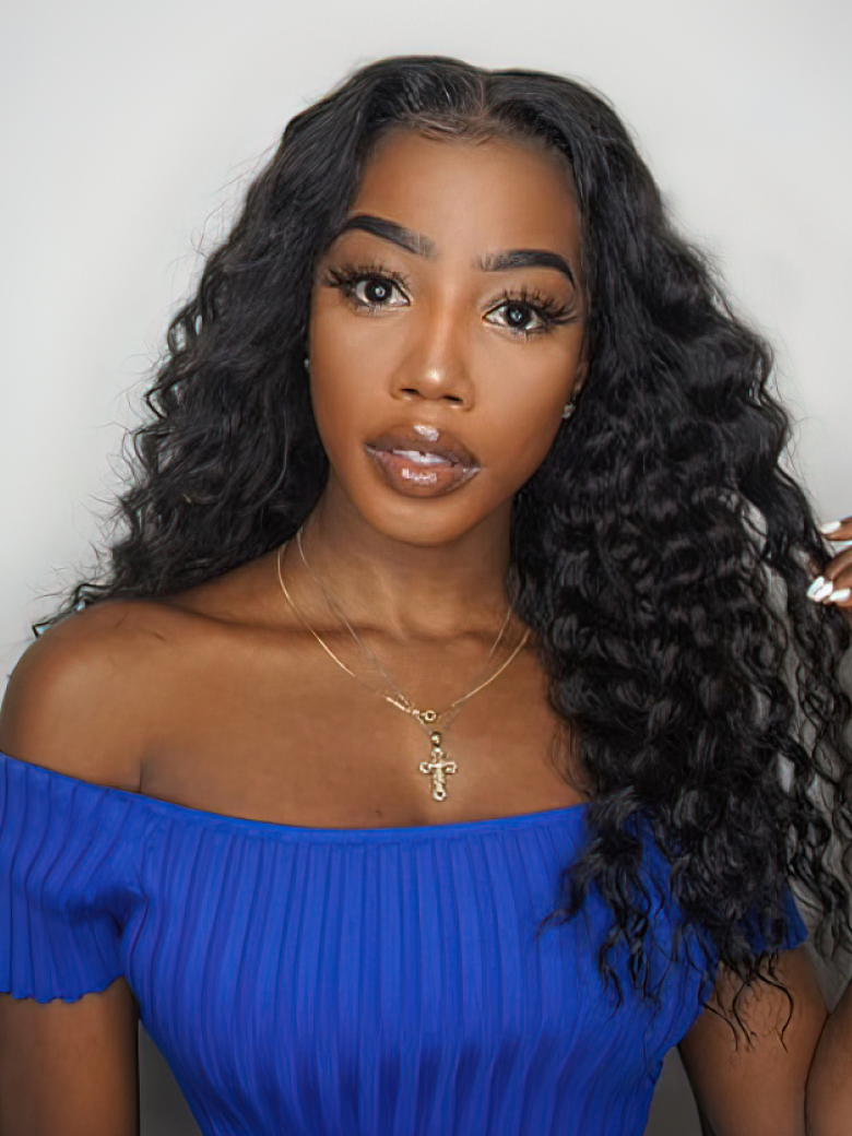 A model displays the UNice Undetectable HD Lace 5x5 Closure with 3 Deep Wave Bundles, showing a model with long black hair and deep wave texture, 5x5, lace finish.