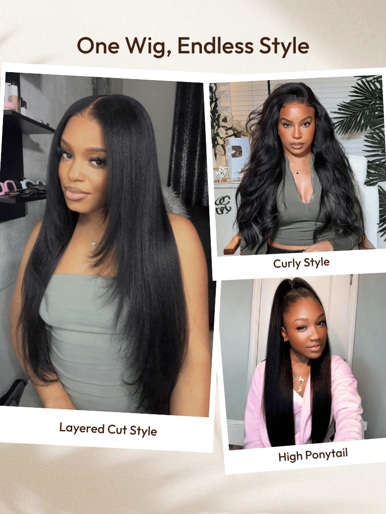 A model displays the UNice 7x5 Bye Bye Knots Glueless Lace Black Yaki Straight With Invisible Drawstring, showing one wig style and straight texture, yaki texture, 7x5.