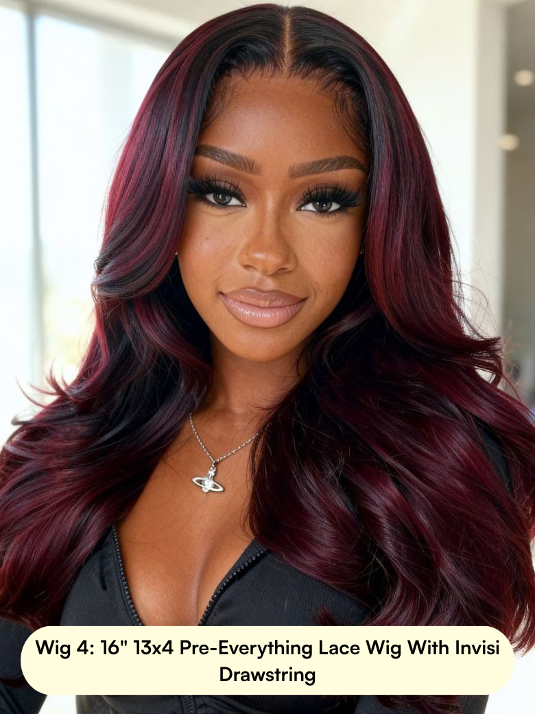 A model displays the UNice All wig $89: Bye Bye Knots Wig 13x4 Pre-Everything Lace Wig, showing a model with long red hair and a black top and 13x4, lace finish.