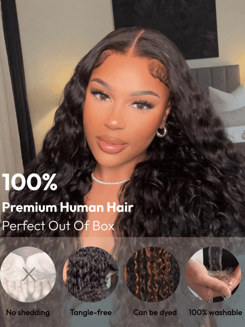 A model displays the UNice With Baby Hair 7x5 Bye Bye Knots Glueless Lace Water Wave Grip Wig With Secure, showing a model with long hair and a white shirt and water.