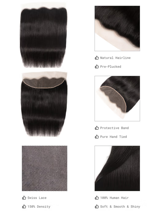 The UNice 13x4 Lace Frontal With Body Wave Human Hair Bundle For Frontal Ponytail Style image highlights Natural Hairline, Pre-Plucked, Protective Band, Pure Hand Tied.
