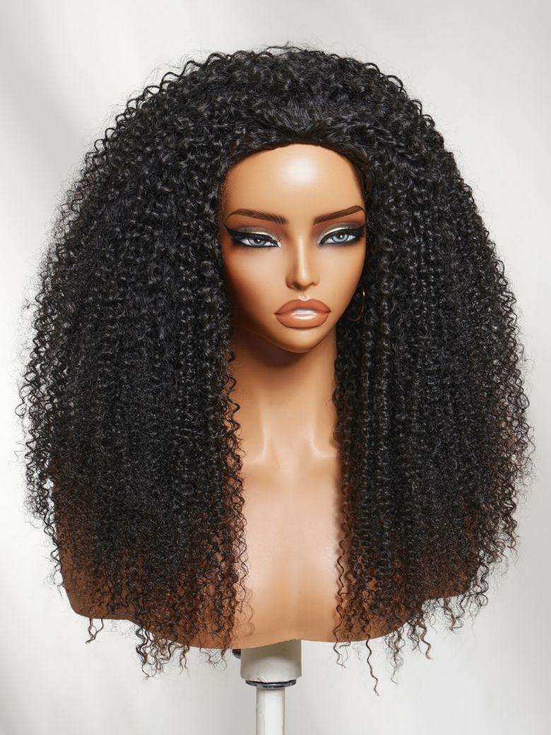The UNice Price Drop UNice Versatile 2-in-1 Black to Brown Ombre Turn-Around Kinky Curly product image shows a wig with curly hair on a mann and kinky curly texture.