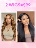 A model displays the UNice TWO wig $99 13x5x0.5 Middle Part Highlight Body Wave & Kinky Straight Real, showing wigs for black women and kinky straight texture, body wave.