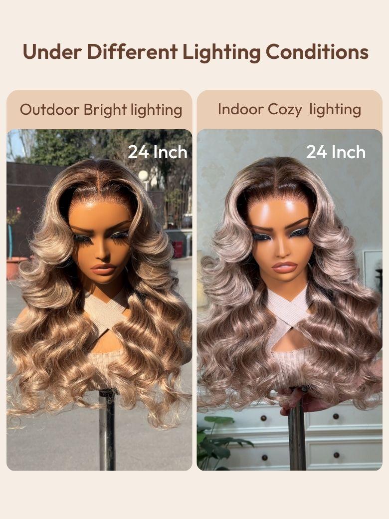 The UNice Ash Blonde With Brown Roots No Slip 13x4 Pre-Everything Lace Frontal Body Wave image highlights Under Different Lighting Conditions, Outdoor Bright lighting.