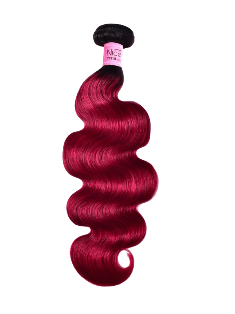 The UNice Pre-Colored Human Hair Weave #TB Burgundy Color Body Wave & Straight Hair bundles image highlights cenu, a red body wave with a black head and body wave.