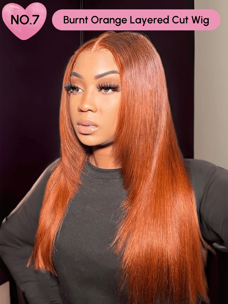 A model displays the UNice 24 Inch 180% Density 13x4 Lace Frontal Wig Last Chance Sale wig, showing a model with long red hair and a black top and 13x4, lace finish.