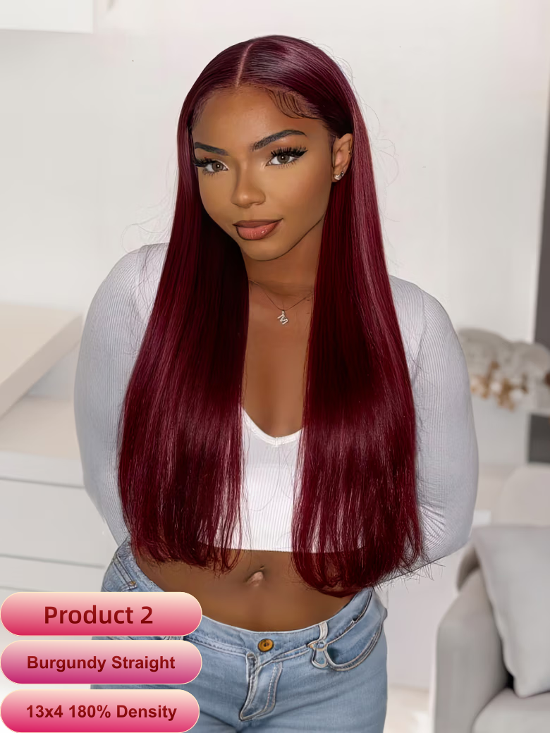 A model displays the UNice 13x4/13x6 HD Lace Frontal Straight/ Deep Wave/ Curly Wig 180%-250% Density, showing a model with long red hair wearing a white shirt and deep.