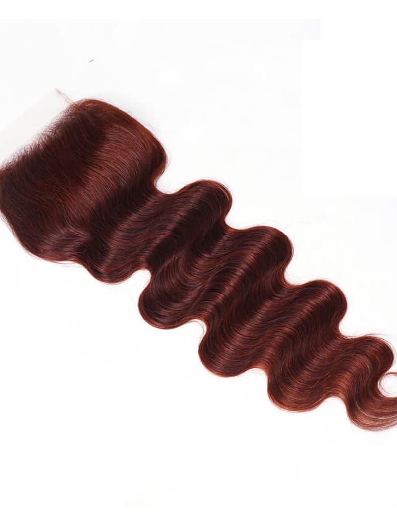 The UNice Dark Auburn Body Wave Remy Human Hair 4x4 Free Part Closure product image shows body wave hair extensions and body wave texture, 4x4.