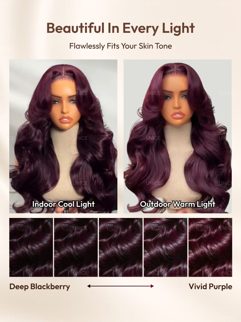 The UNice 7x5 & 13x4 Bye Bye Slip Glueless Lace Purple Black Cherry Loose Wave & Layered image highlights Beautiful In Every Light, FlawlesslyFitsYourSkinTone, JNICE.