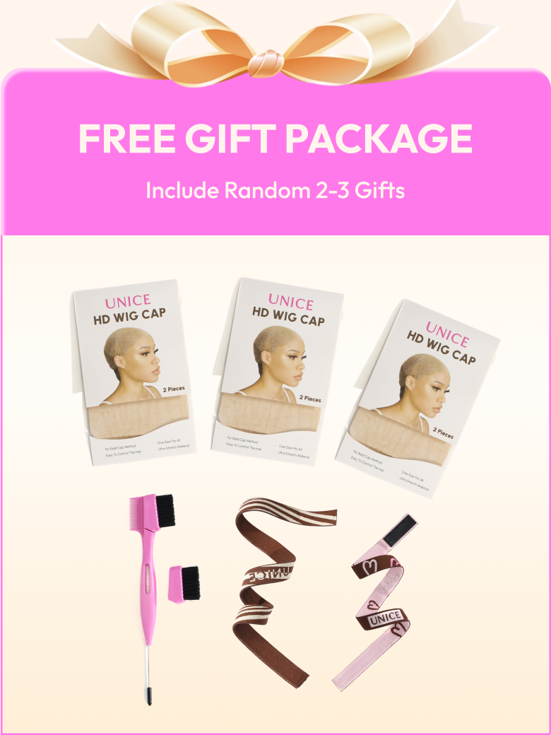 The UNice 13x4 Lace Frontal With Body Wave Human Hair Bundle For Frontal Ponytail Style image highlights FREEGIFTPACKAGE, IncludeRandom2-3Gifts, UNICE, HDWIGCAP.