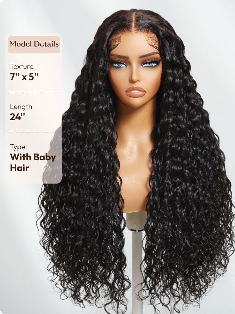 The UNice 20"-26" UNice 7x5 Bye Bye Knots & 13x4 HD Lace Put On And Go Glueless Water wig image highlights Model Details, Texture, Length, Type, full lace wigs with baby.