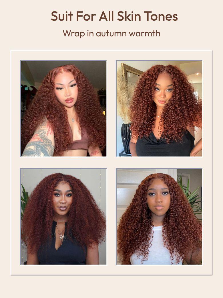 A model displays the UNice 7x5 Glueless Lace Bye Bye Knots Wig Sunset Jerry Curly for Reddish Brown, showing a model with long curly hair and a black top and jerry curl.