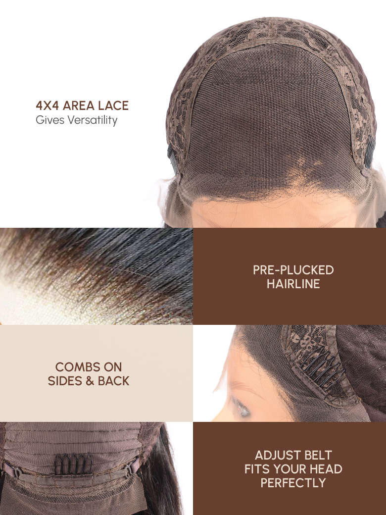 The UNice 7x5 Bye Bye Knots & 4x4 Lace Closure Black Bob Wig With Side Swept Bangs image highlights 4X4AREALACE, GivesVersatility, PRE-PLUCKED, HAIRLINE, the hair.