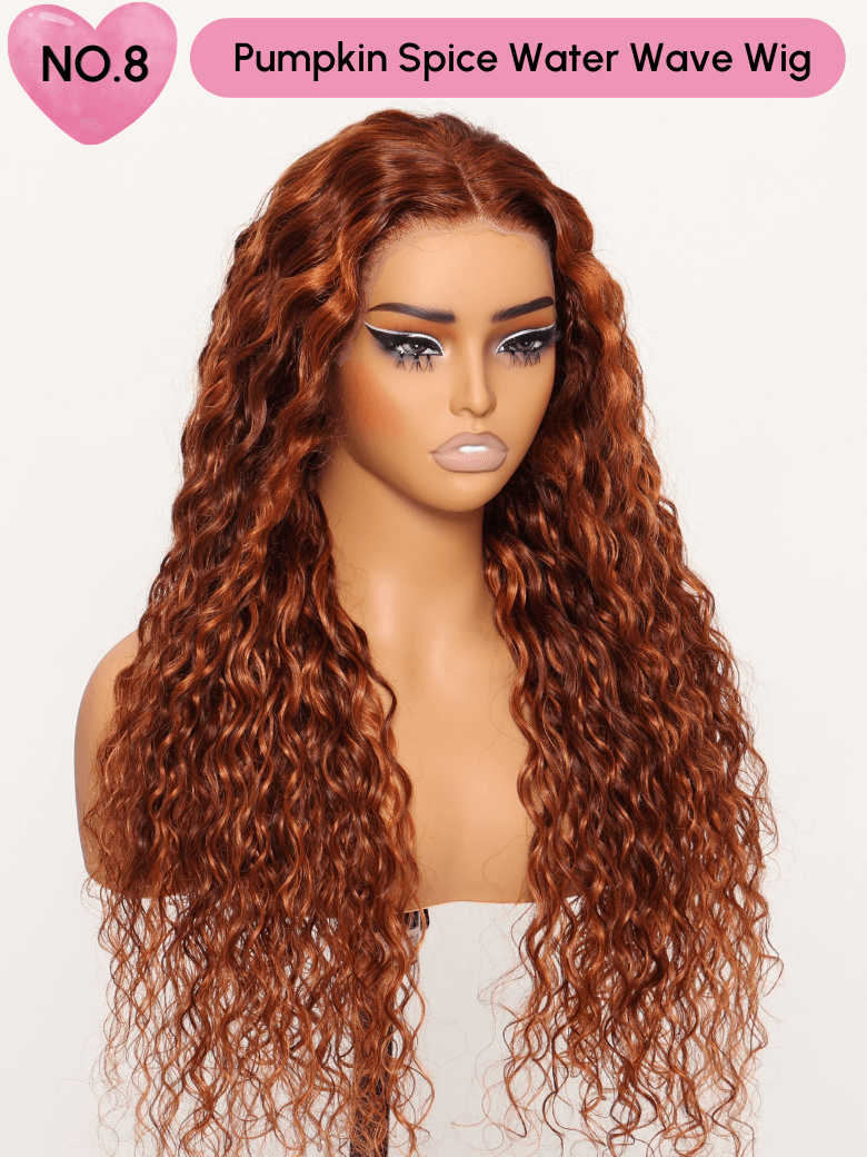 The UNice 24 Inch 200% Density 13x4 Pre-cut Lace Wig Last Chance Sale wig-1 Wig 1Stock image highlights NO.8, Pumpkin Spice Water Wave Wig, a wig with long curly hair.
