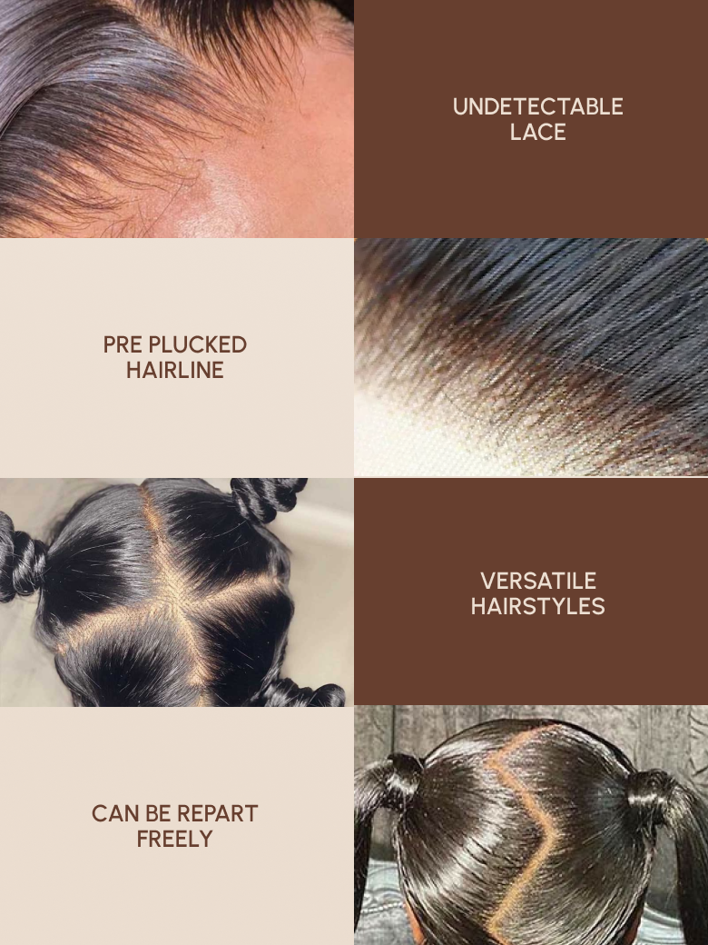 The UNice Full Lace 100% Handmade Invisible Black Water Wave Human Hair 180% Density Wig image highlights UNDETECTABLE, LACE, PREPLUCKED, HAIRLINE, hair care tips.