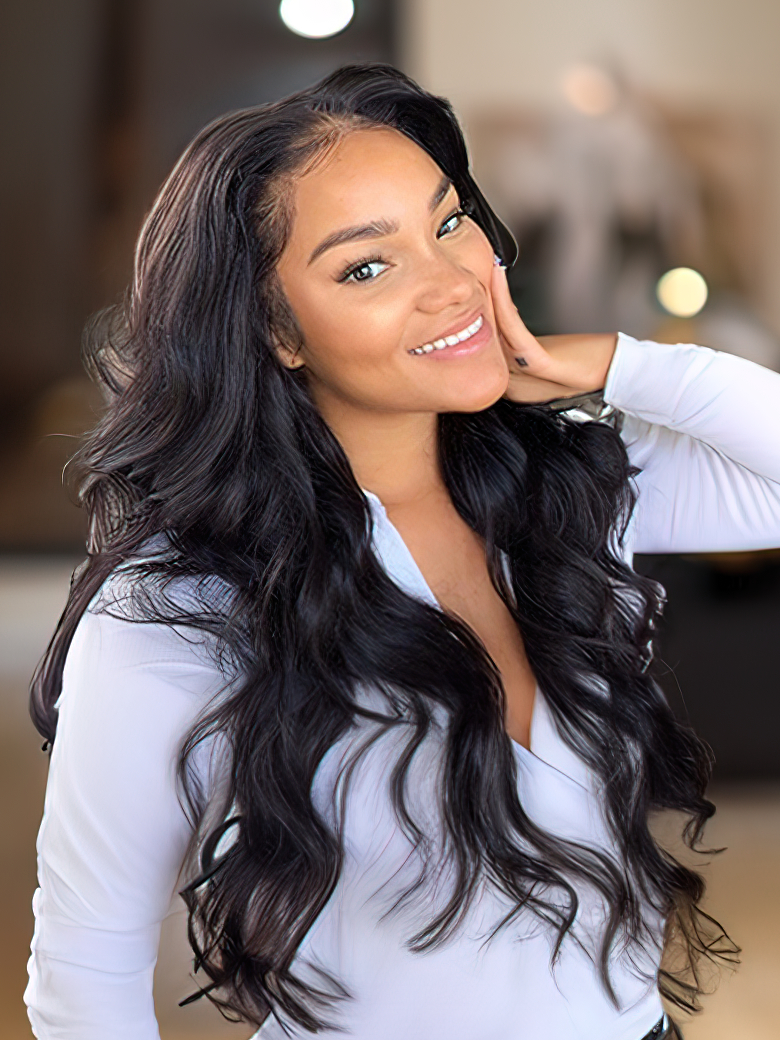 The UNice Hair 5x5 HD Lace Closure With 4 Bundles Body Wave Human Hair Weaves visual image position 5 shows a model with long black hair | body wave texture, 5x5, lace.