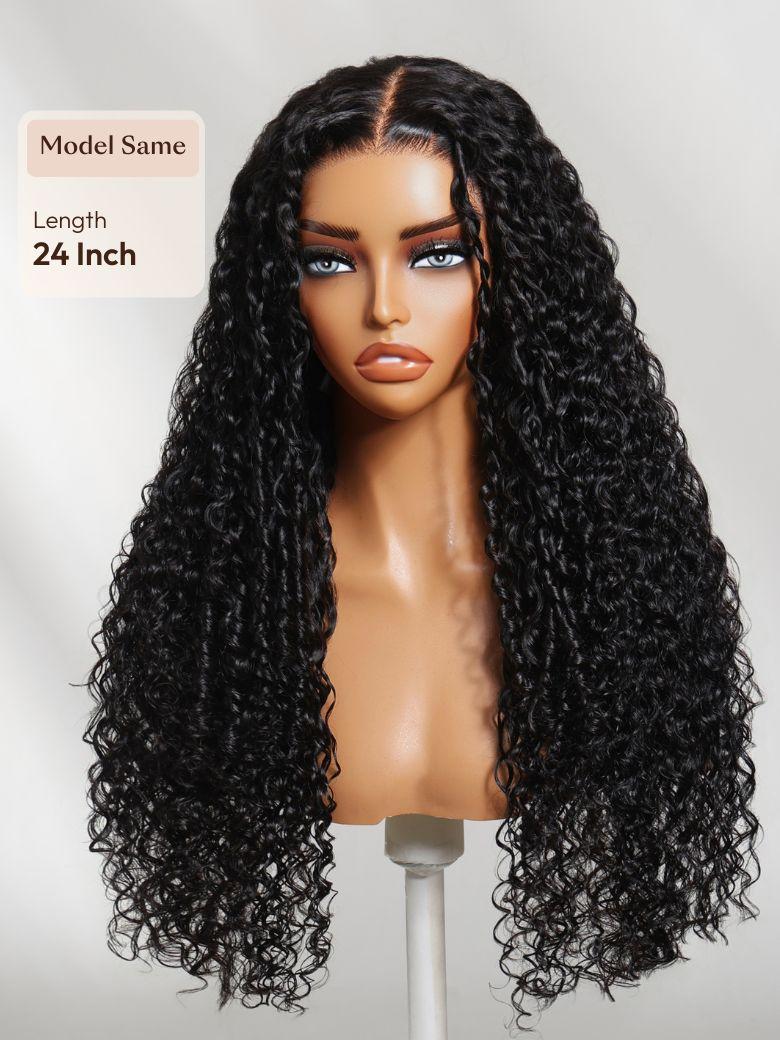 A model displays the UNice Bye Bye Slip 7x5 Lace Natural Black 4D Mixed Texture Burmese Curly Wig with, showing a wig with long curly hair on a mann mann and Burmese.