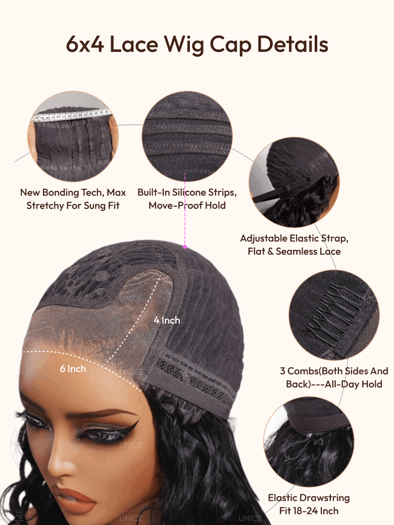 The UNice Allofdestiny Same UNice Bye Bye Slip 6x4 Glueless Lace "C" Side Part Loose wig image highlights 6x4 LaceWig CapDetails, NewBondingTech, Max, Built-In Silicone.