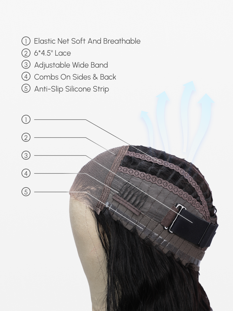A model displays the UNice 6x4.5 Pre Cut Transparent Lace Bleached Knots Put On And Go Reddish Brown wig, showing a model with long hair and a black headband and kinky.