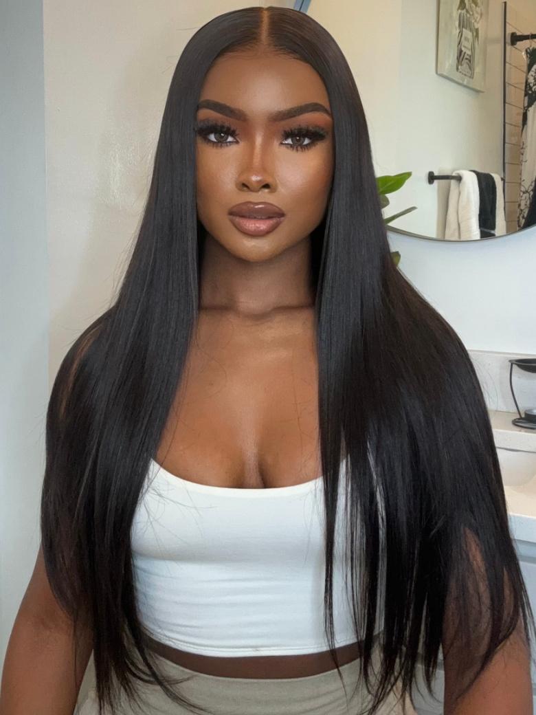 The UNice 200% Density 13x4 Transparent Lace Frontal Black Straight 7x5 Bye Bye Knots visual image position 3 shows a model with long black hair wearing a white top |.