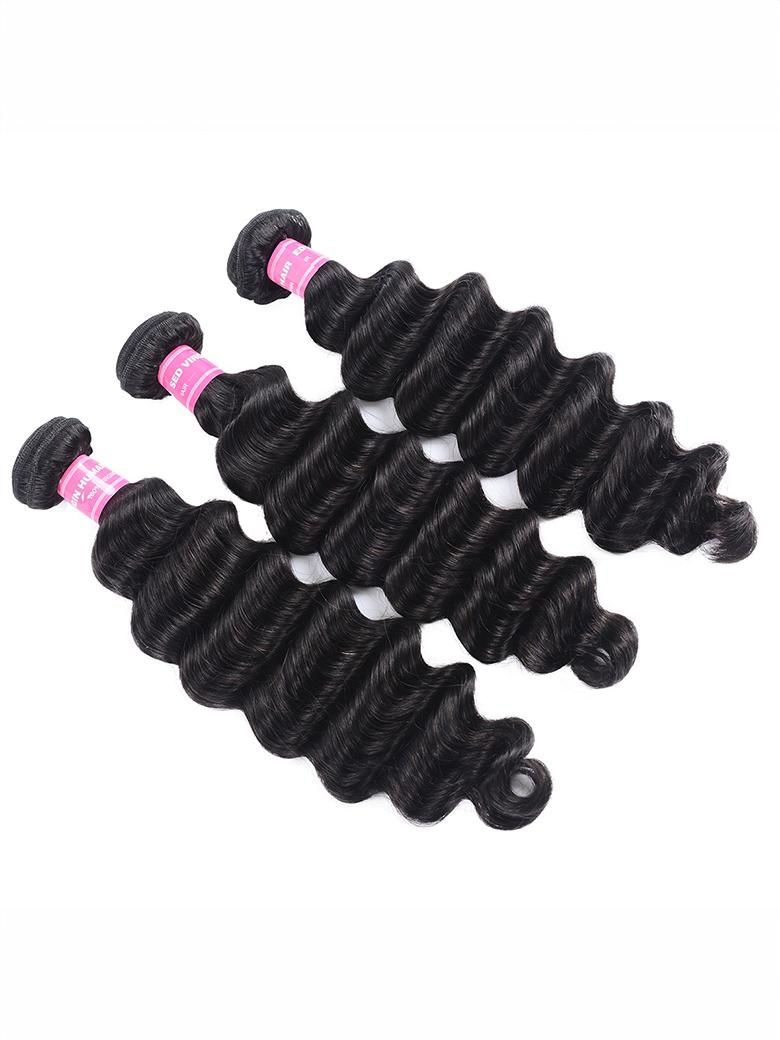 The UNice Loose Deep Wave Human Hair 3 Pcs Bundles product image shows 3 bundles brazilian virgin hair extensions and deep wave texture, bundle fullness.