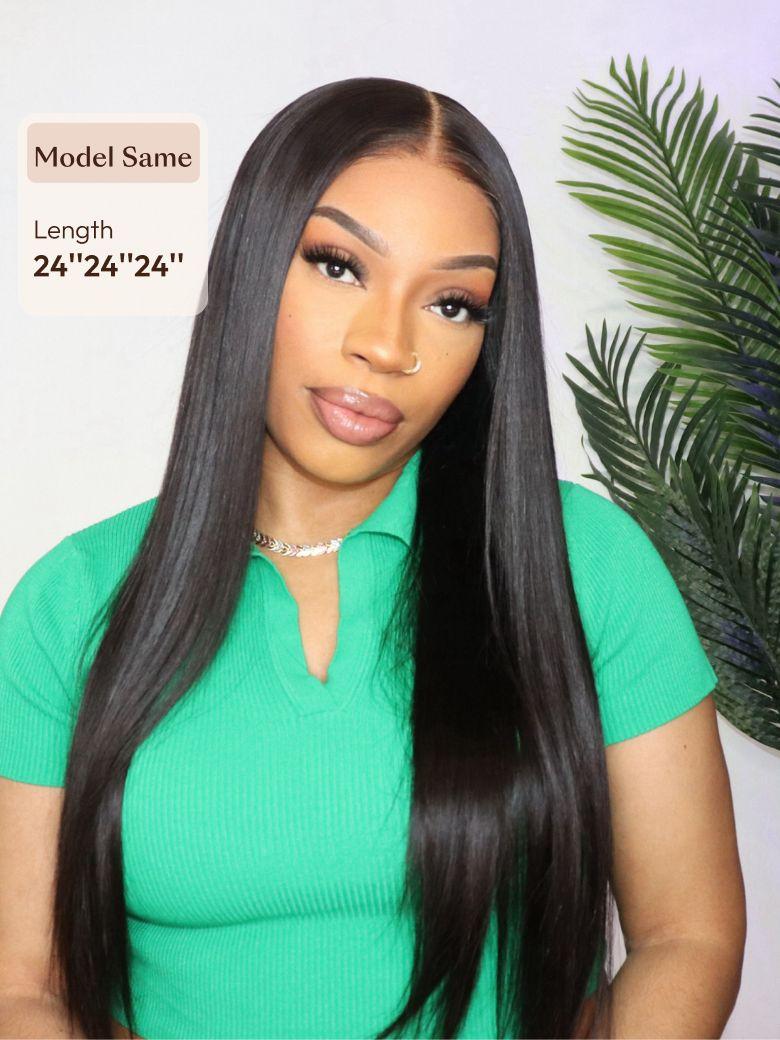 A model displays the UNice Premium Raw Virgin Hair Straight Bundles, showing a model with long black hair wearing a green shirt and straight texture, bundle fullness.