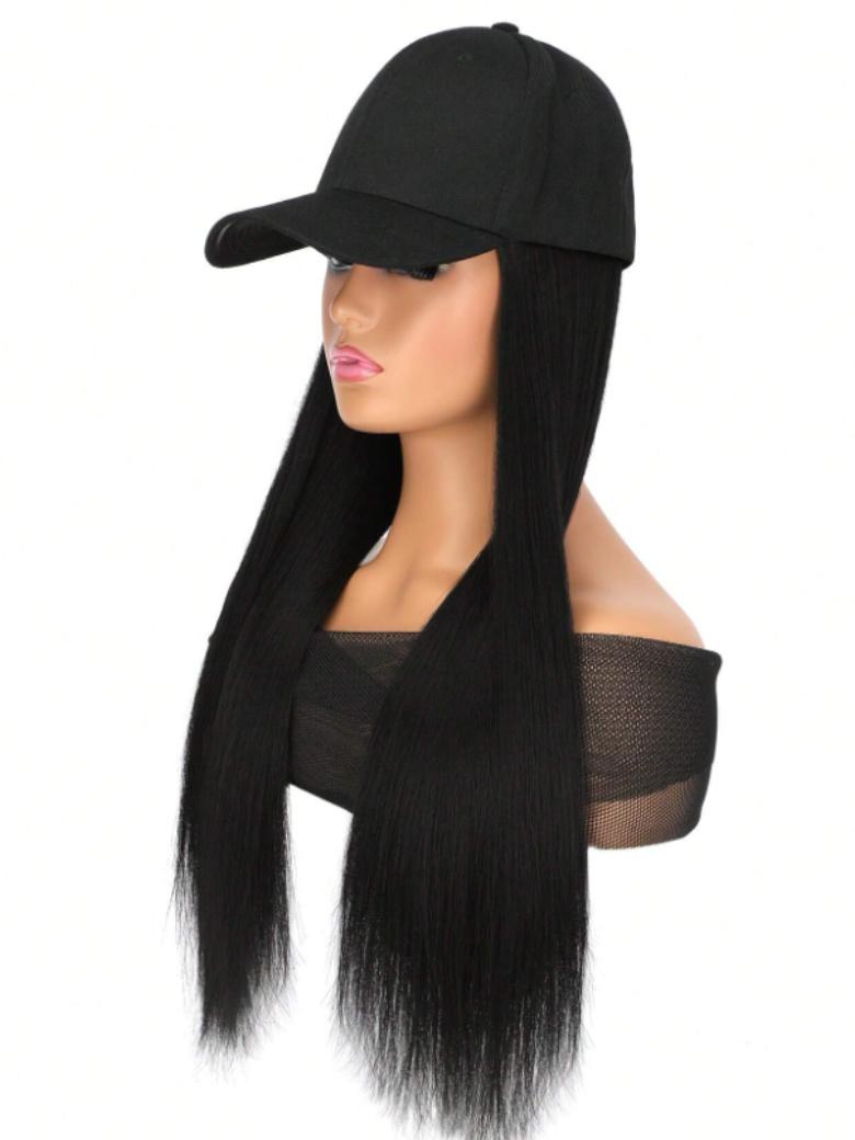 The UNice Black Straight Baseball Hat Glueless Wig visual image position 6 shows a black wig with long hair and a baseball cap | straight texture, glueless wear.