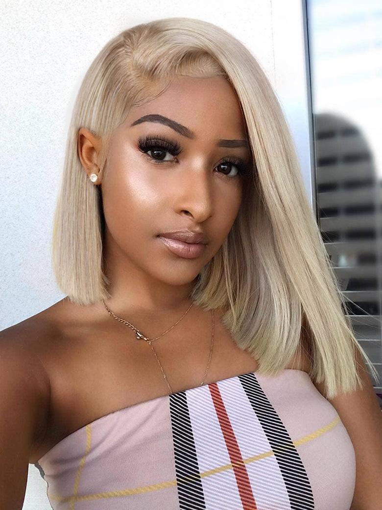 A model displays the UNice Shiny and Glossy Beige Blonde Hair Color, showing a model with blonde hair and a pink top.