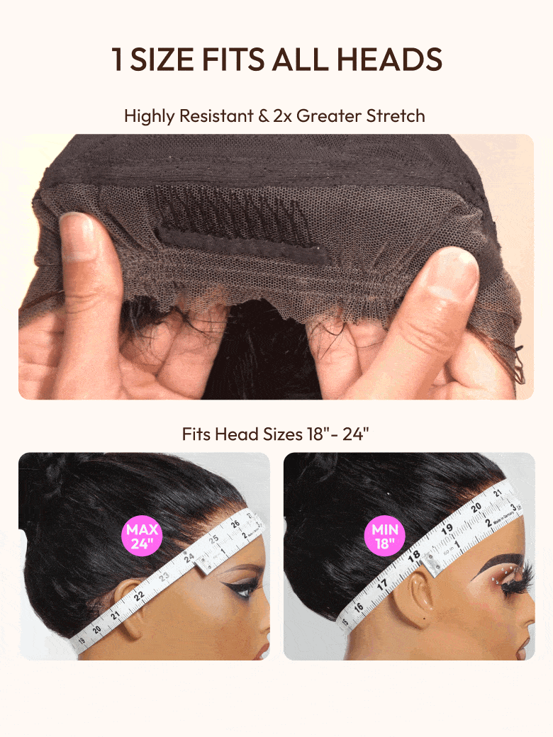 A model displays the UNice Invisible Strap 360 Lace Black Water Wave and Body Wave Wig, showing a model with a tape around her head and body wave texture, water wave.