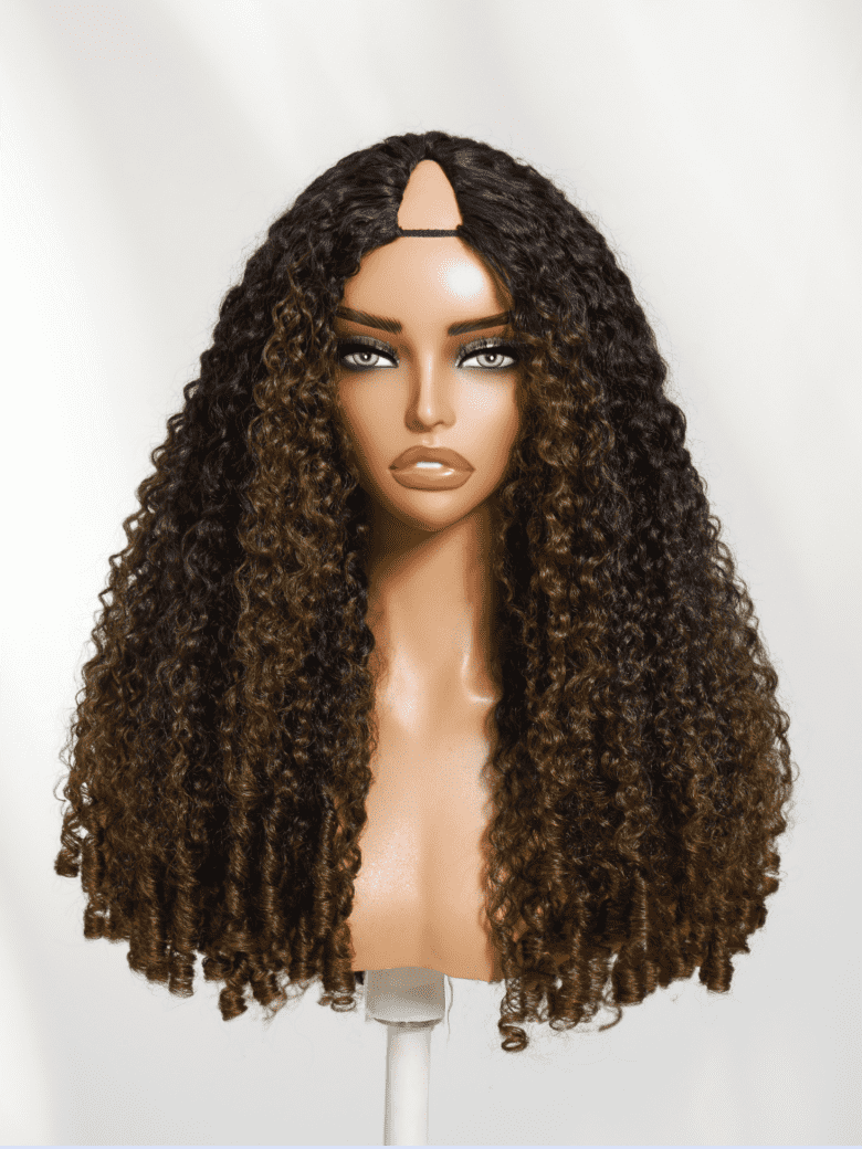 A model displays the UNice Stylish Golden Highlights Add Depth To Body Wave Texture&&Human Hair Wig & Can, showing a wig with long curly hair on a mann and body wave.