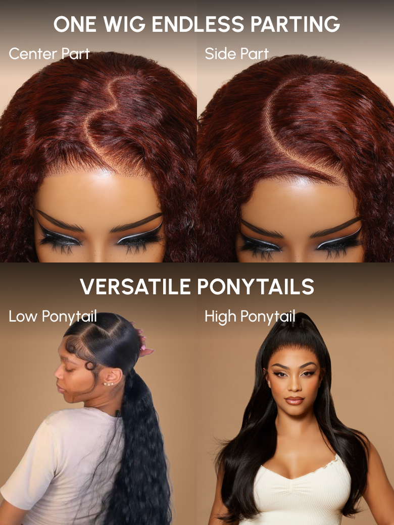 The UNice 13x6 Lace Frontal Pre-Everything Wig Black Yaki Straight With 4C Curly Baby Hair image highlights ONE WIG ENDLESS PARTING, CenterPart, SidePart.