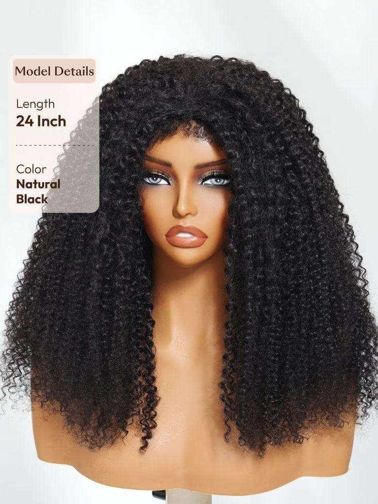 A model displays the UNice Invisi Blend UNice Coily Curly Glueless Flip Over Kinky Curly Wig for Beginner, showing a model with long curly hair and a full wig and kinky.