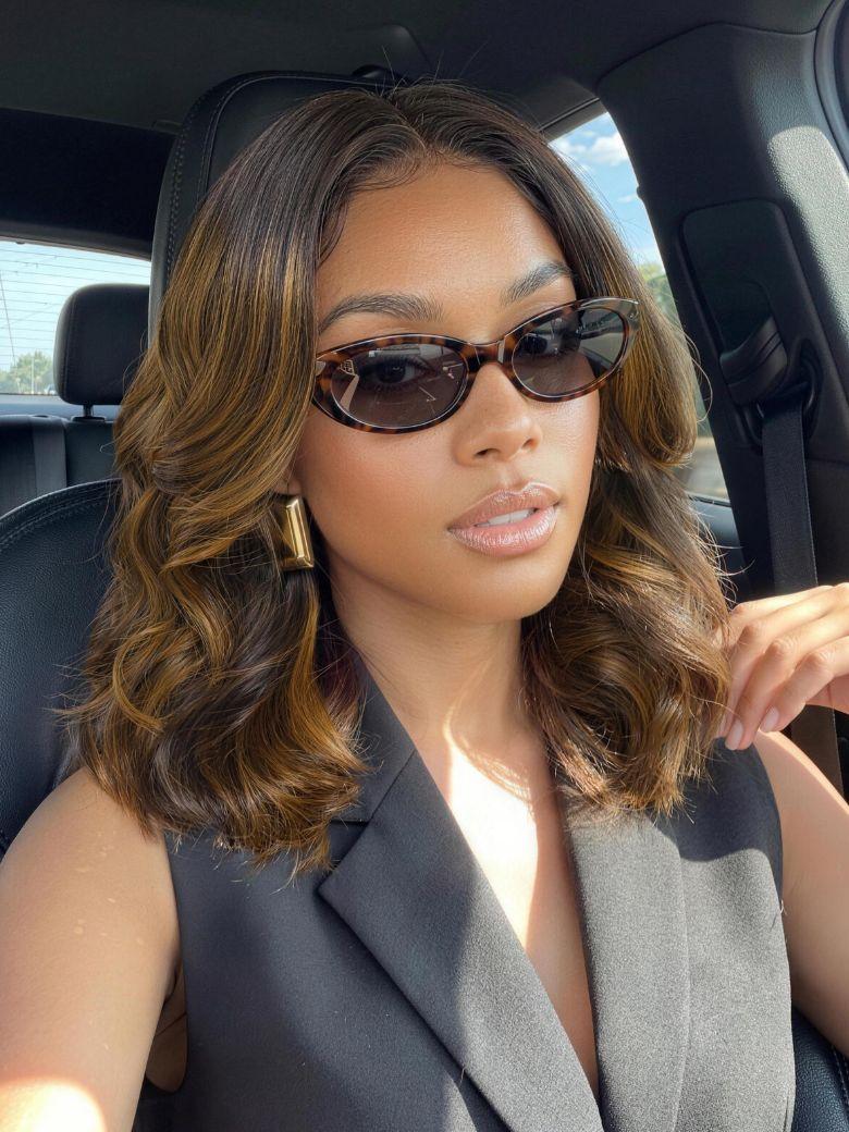 A model displays the UNice Secure Fit All Day UNice 7x5 Bye Bye Slip Lace Balayage Highlights Body Wave wig, showing a woman in a car wearing sunglasses and a suit.