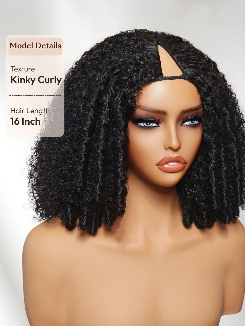 A model displays the UNice InvisiBlend V part Jerry Curly& Kinky Curly Wig Invisi Drawstring Human Hair, showing a model with curly hair and a black wig and kinky curly.