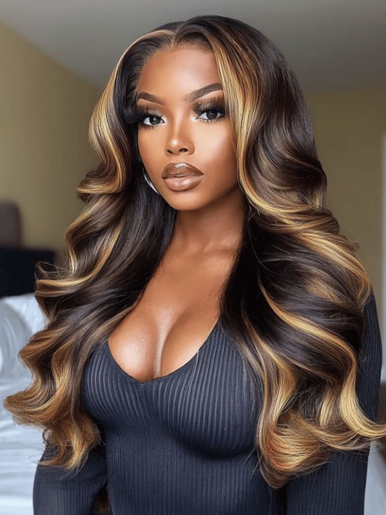 A model displays the UNice Loose Wave Butterscotch Highlights Brown 7x5 Bye Bye Knots Wig 150% Density, showing a model with long brown hair wearing a black top.