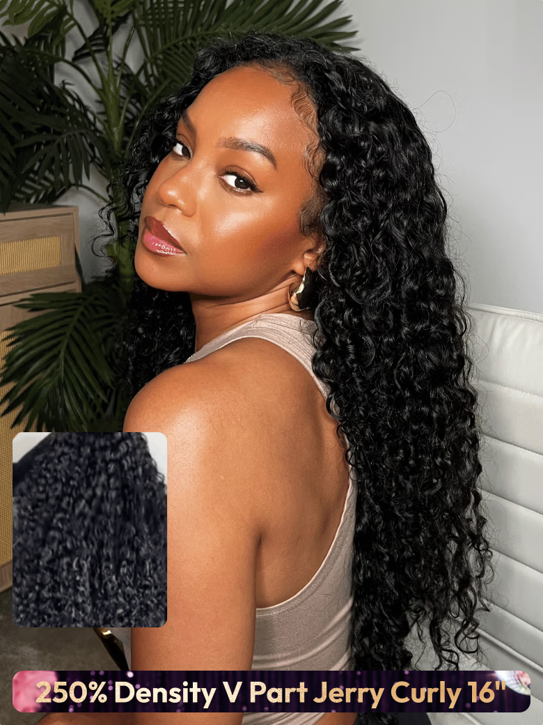 A model displays the Unice Flash Sale Glueless wig 13x4 Front Lace/ 250% Density/ Body Wave... 16 Inch wig, showing a model with long curly hair and a white top and body.