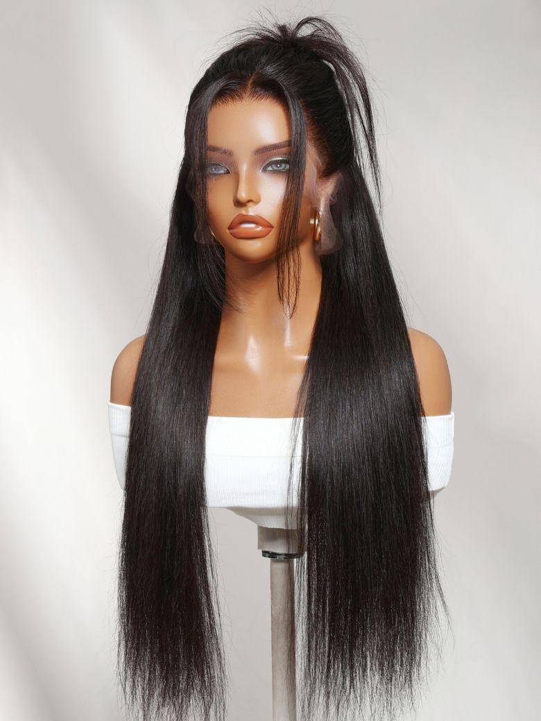 The UNice 360 HD Lace Pre-plucked Luxury Raw Virgin Hair Natural Black Straight Wig visual image position 4 shows a wig with long hair on a mann | straight texture.