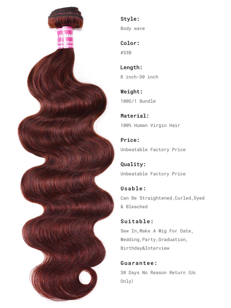 The UNice Dark Auburn Body Wave Remy Human Hair 3 Bundles With Closure Deal image highlights Style, Body wave, Color, #33B, a diagram of the body wave hair extensions.
