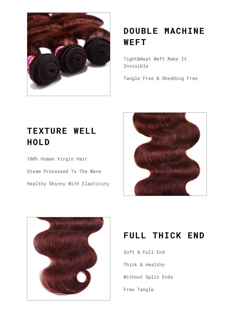 The UNice Vibrant Reddish Brown Body Wave 4Pcs 100% Remy Human Hair Bundles Deal image highlights DOUBLE MACHINE, WEFT, Tight&Neat Weft Make It, Invisible, the different.