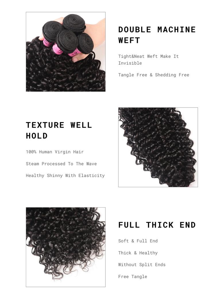 The UNice Brazilian Jerry Curly Virgin Hair 4pcs/pack image highlights DOUBLEMACHINE, WEFT, Tight&Neat Weft Make It, Invisible, brazilian curly bundles and jerry curl.