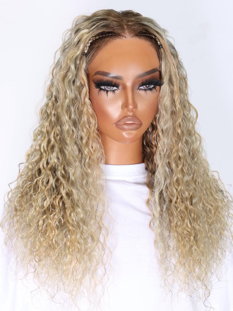 The UNice 20 Inch 13x4 Lace Front 180% Density Glossy Blonde With Silver Highlight Water product image shows blonde blonde curly wig with bangs and water wave texture.